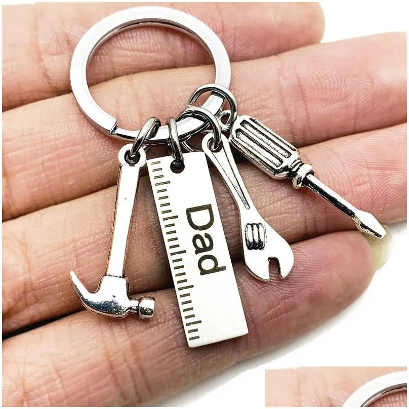 Key Rings Hand Tool Key Ring Stainless Steel Tag Dad Papa Hammer Screwdriver Wrench Keychain Holders Fashion Jewelry Will And Sandy G Dhc9V