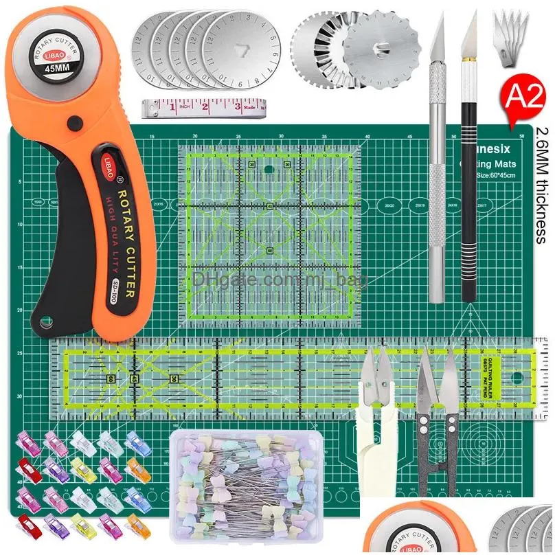 Cutting Mat Wholesale Cutting Mat Rotary Cutters Set With Work Rer Carving Knife Kit For Fabric Paper Leather Crop Sewing Scissors And Dh69L