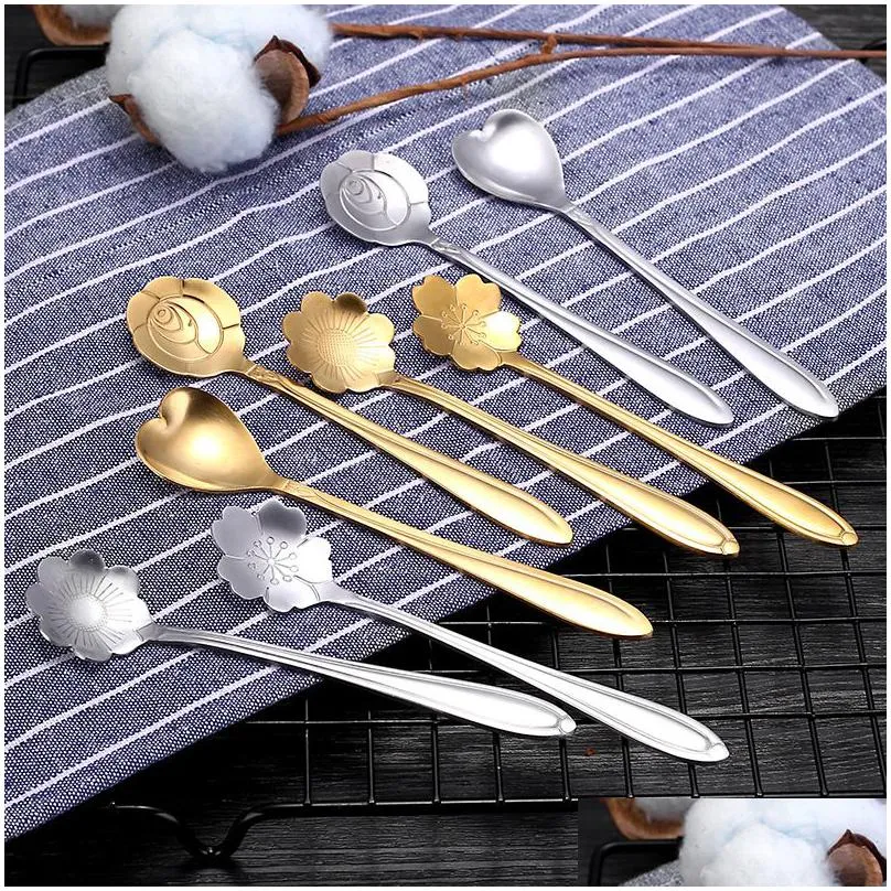 stainless steel mixing spoon cherry rose heart gold silver scoop coffee spoon christmas gifts flowers design kitchen accessories tableware decoration