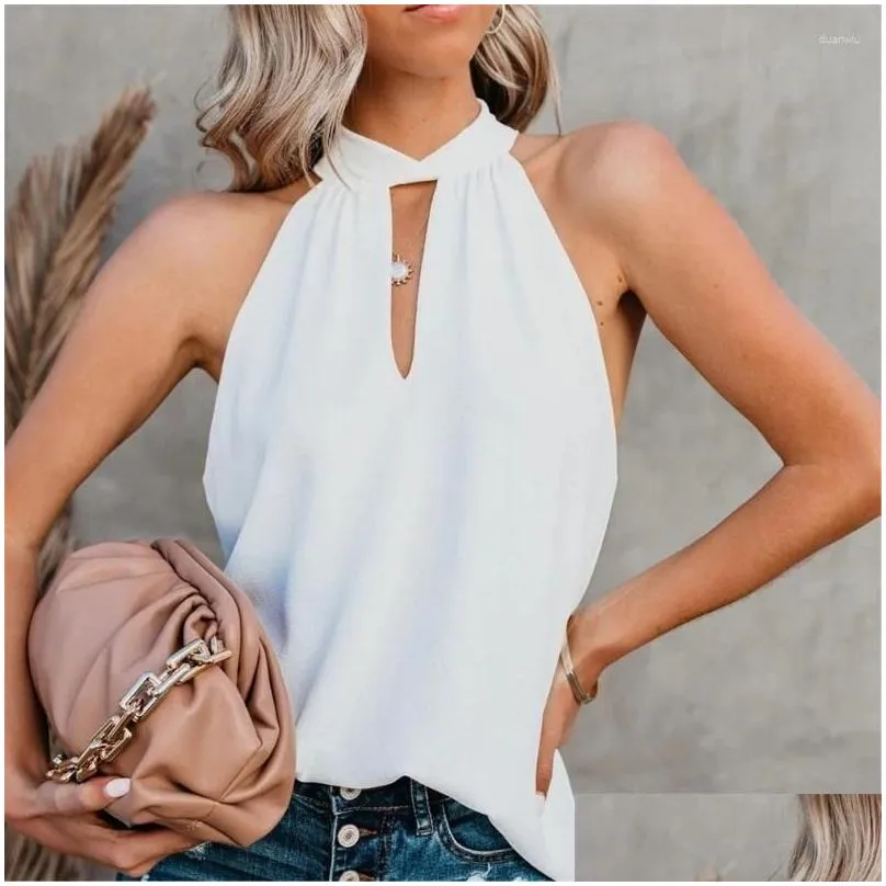 Women`s Tanks Womens Summer Sleeveless Self Tie Neck Halter Top Solid Color Hollow Out Keyhole Casual Loose Blouses Vest