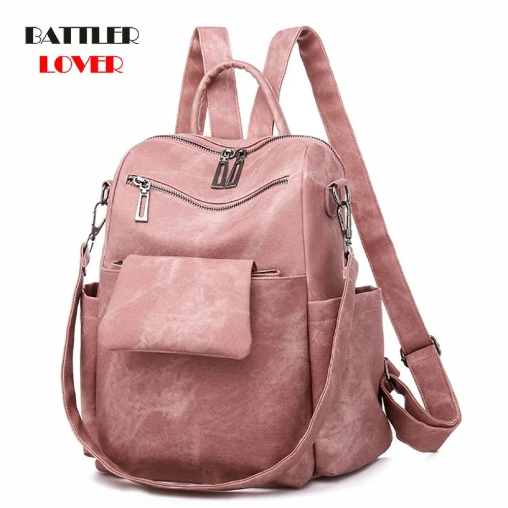2PCS Women Backpack Female Multifunction Shoulder Backpacks Large Capacity Leather Bookbag with Mini Crossbody Bag Mochila Solid