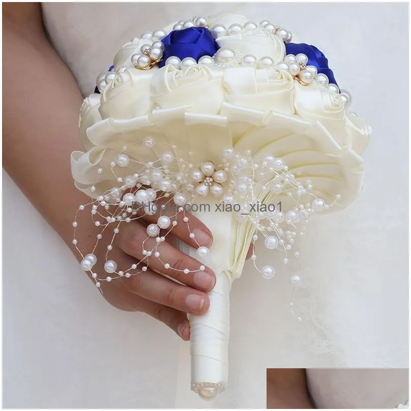 handmade ivory royalblue bridal beaded diamond wedding bouquets artificial bridesmaid holding flowers wedding accessories w234b4786329