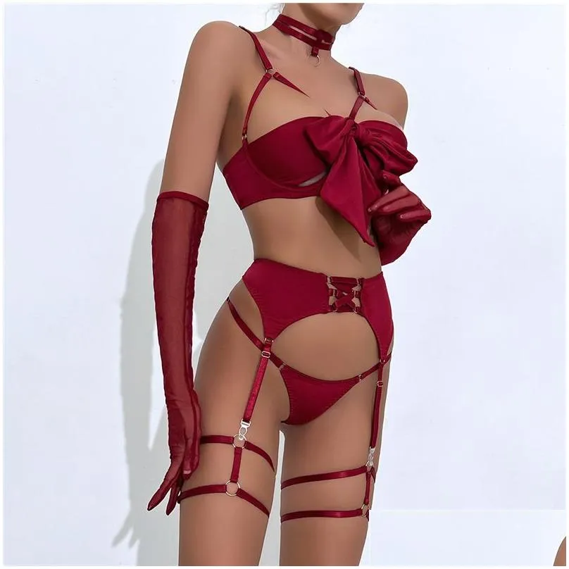 SEUW104 Christmas gift red 4pcs set Women lingerie Sexy Underwear Erotic Corset Sleepwear Nightwear sexy pajamas Lingerie porno erotica