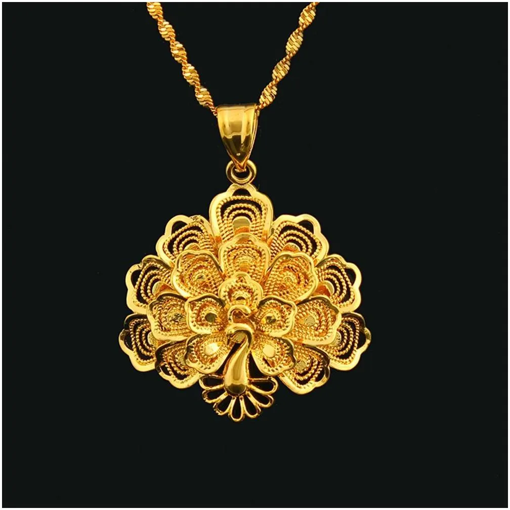 Peacock Pendant Chain Vivid Animal Solid 18k Yellow Gold Filled Womens Jewelry Beautiful Gift Fashion Accessories266d