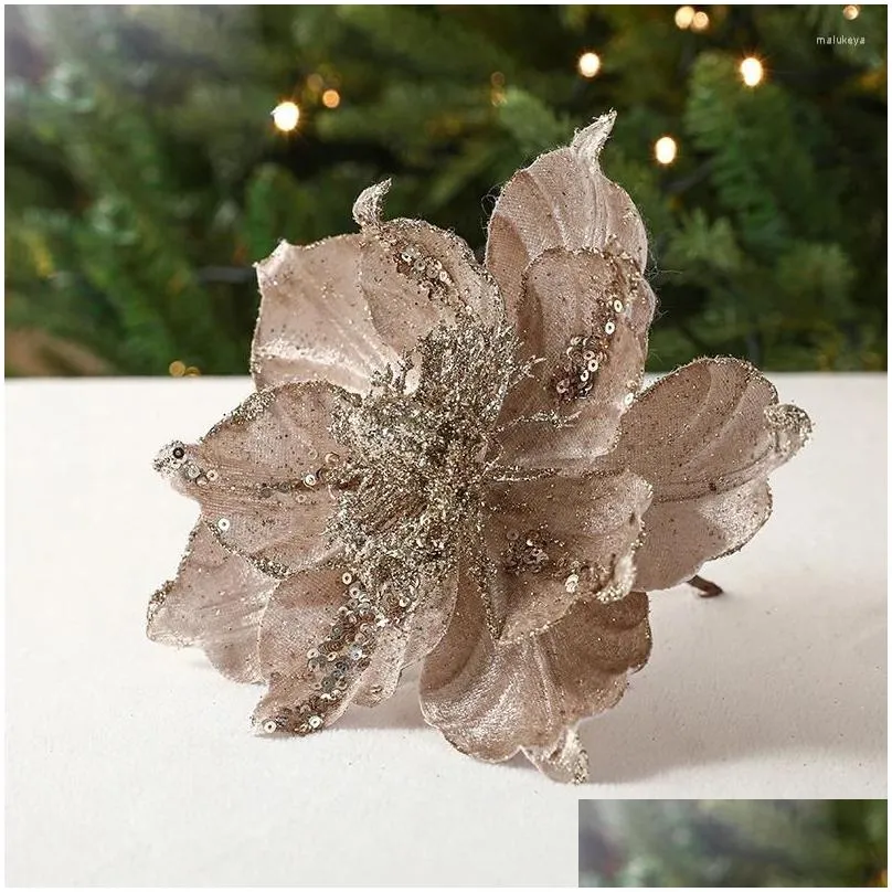 Decorative Flowers Ya 3pcs Christmas Decoration Glitter Poinsettia Large Heads Artificial Magnolia Ornaments Xmas Tree Decor For Room