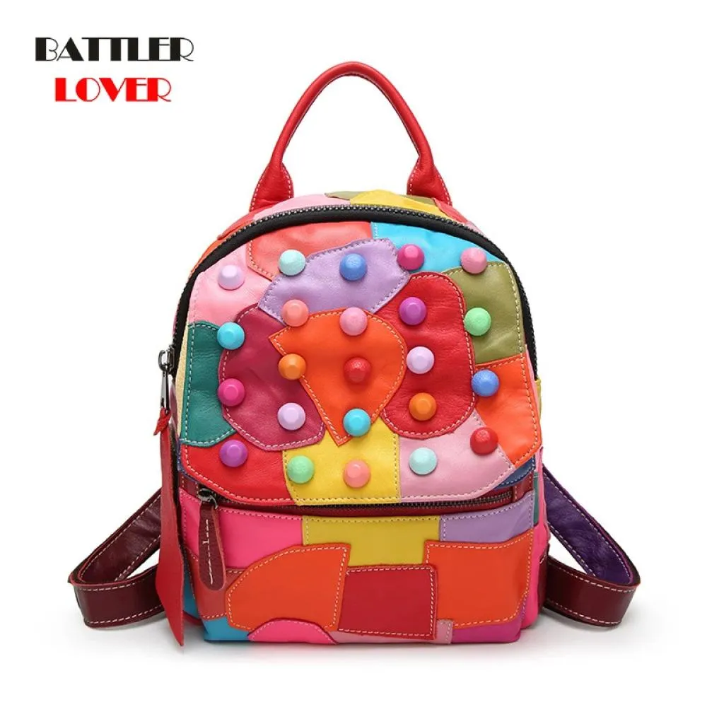 Real Sheepskin Girls European Fashion Women Backpack Genuine Leather Colorful Shoulders Bag For Female Designer Rivet Backpacks