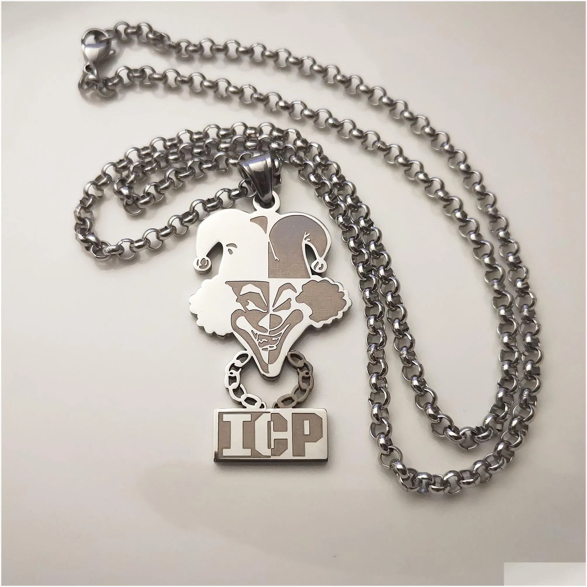 High Polished Silver Stainless Steel ICP CLOWN TWIZTID PENDANT CHARM NECKLACE 4mm 24INCH Rolo CHAIN Jugallo for Mens238Z