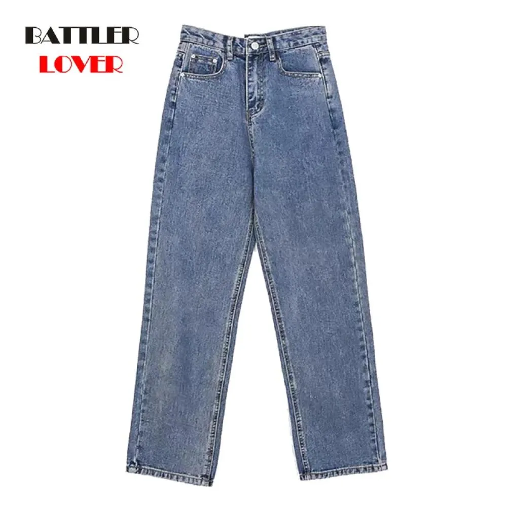 Leg Jeans Vintage High Waist Straight Women Blue Casual Light Pockets Full Length Spring Summer Zipper Fly