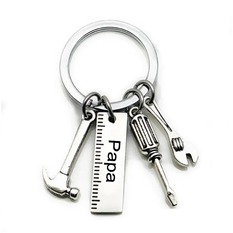 Key Rings Hand Tool Key Ring Stainless Steel Tag Dad Papa Hammer Screwdriver Wrench Keychain Holders Fashion Jewelry Will And Sandy G Dhc9V