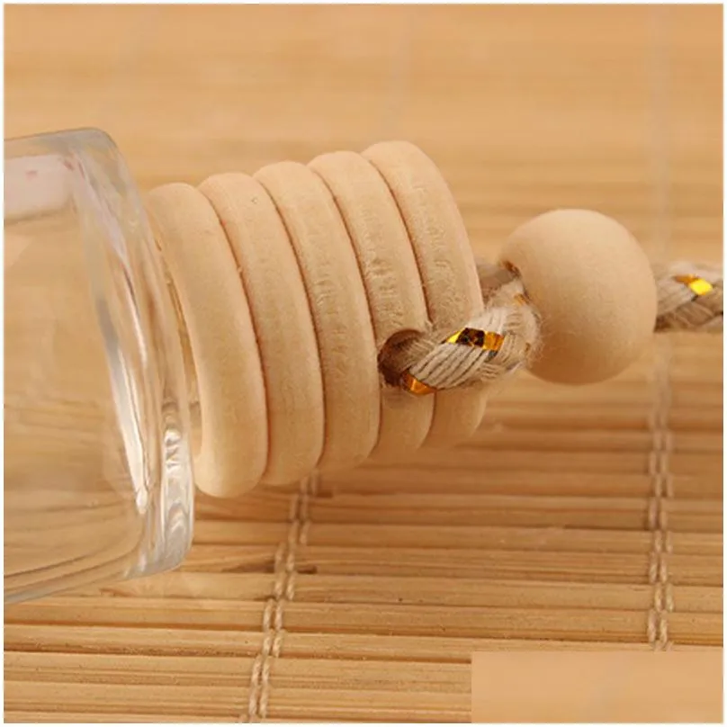 cylinder essential oils diffusers car pendant perfume bottle glass ornaments empty bottles round wooden lid air freshener hw0020