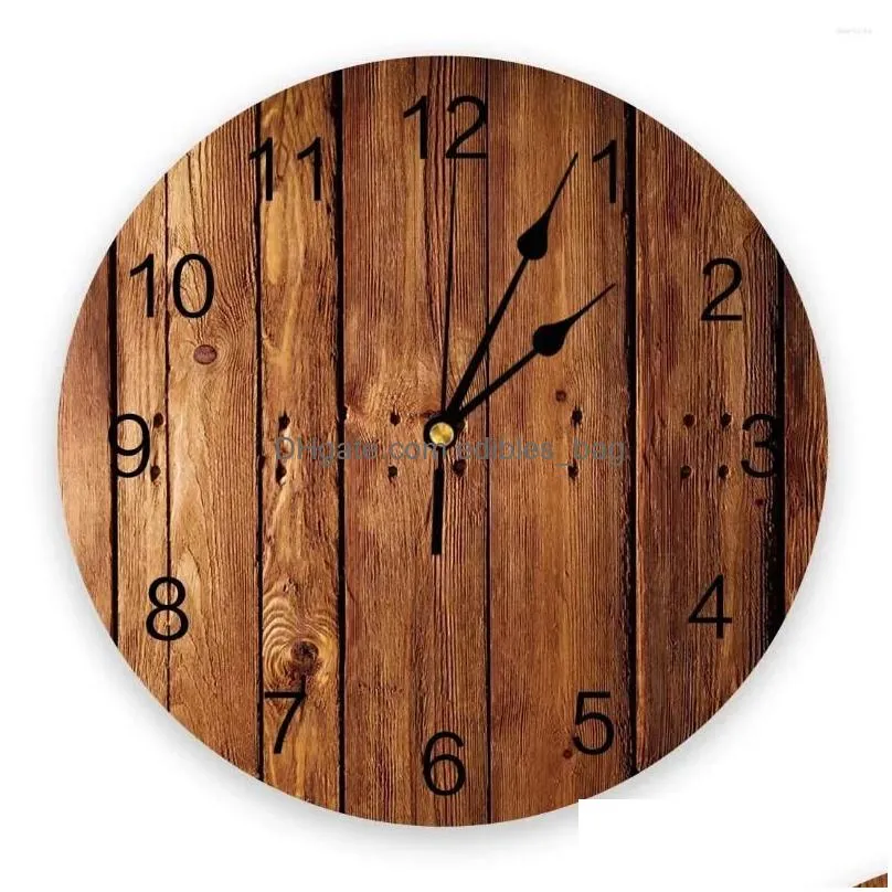 wall clocks brown planks retro wood grain clock for home decoration living room quartz needle hanging watch modern kitchen