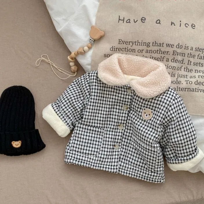 2023 baby winter coat for boys and girls korean edition checkered little bear with cotton clip warm cotton coat thickened childrens cotton clothes