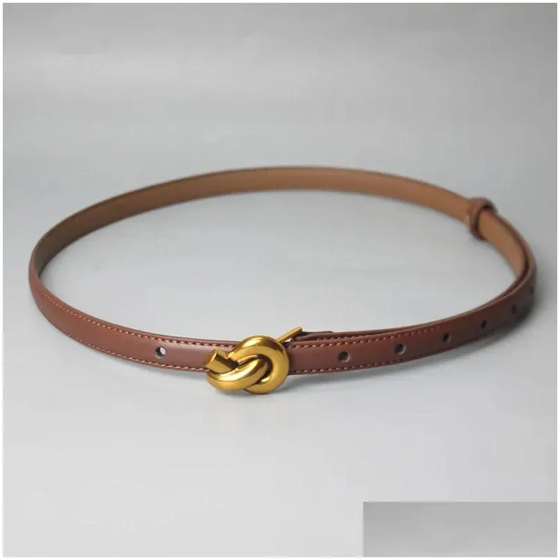 Belts Women Genuine Leather Belt Gold Knot Buckle Waistband Thin For Drop Delivery Dh1Sq