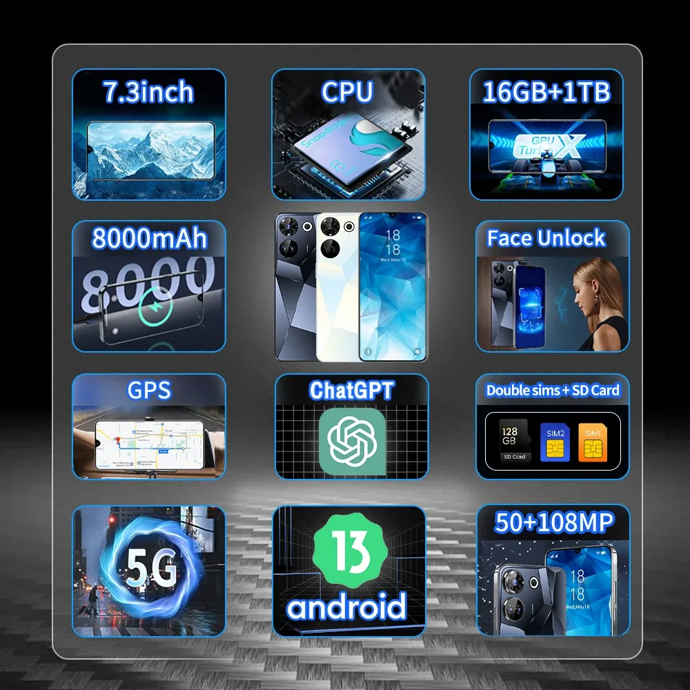 2024 Brand New Global C20 PRO 7.3HD Screen 16GB+1TB 8000Mah 50MP+108MP Celulare Dual Sim Face Unlocked 5G Original Mobile Phone Tablet