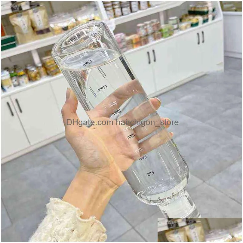 500/750ml large capacity glass bottle with time marker cover for water drinks transparent milk juice simple cup birthday gift y220428