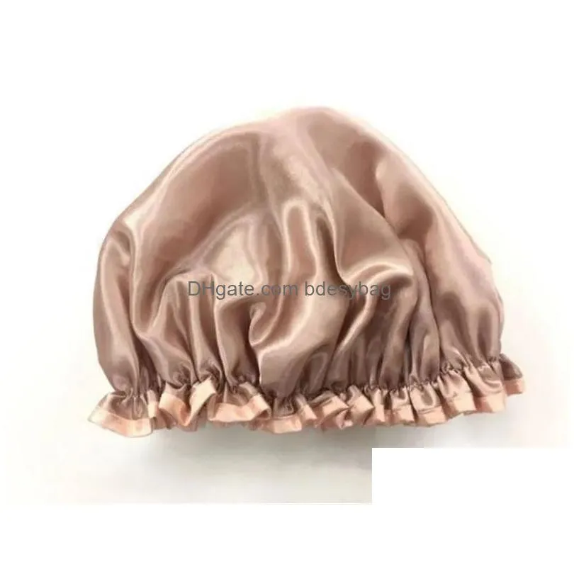 Shower Caps Lovely Thick Women Shower Caps Satin Hats Colorf Bath Hair Er Double Waterproof Bathing Cap Home Ss0422 Drop Delivery Home Otzhe