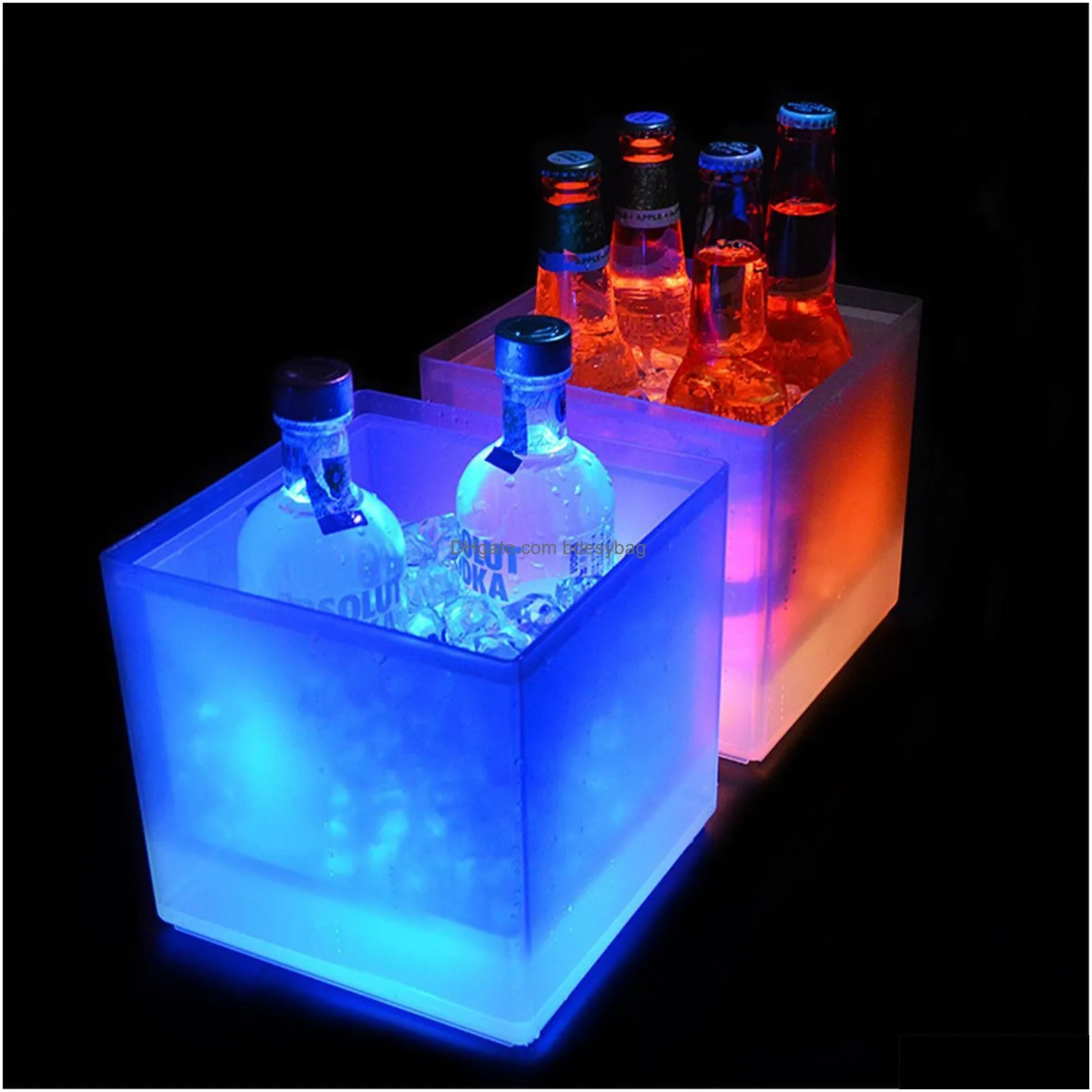 Ice Buckets And Coolers 3.5L Waterproof Led Double Layer Square Ice Buckets Bars Nightclubs Light Up Champagne Beer Whiskey Bucket Ss1 Otsu1