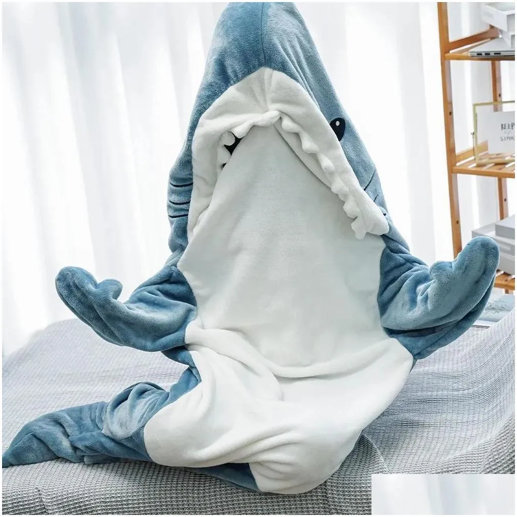 Blankets Cartoon Shark Sleeping Bag Pajamas Office Nap Shark Blanket Karakal High Quality Fabric Mermaid Shawl Blanket For Children Adult
