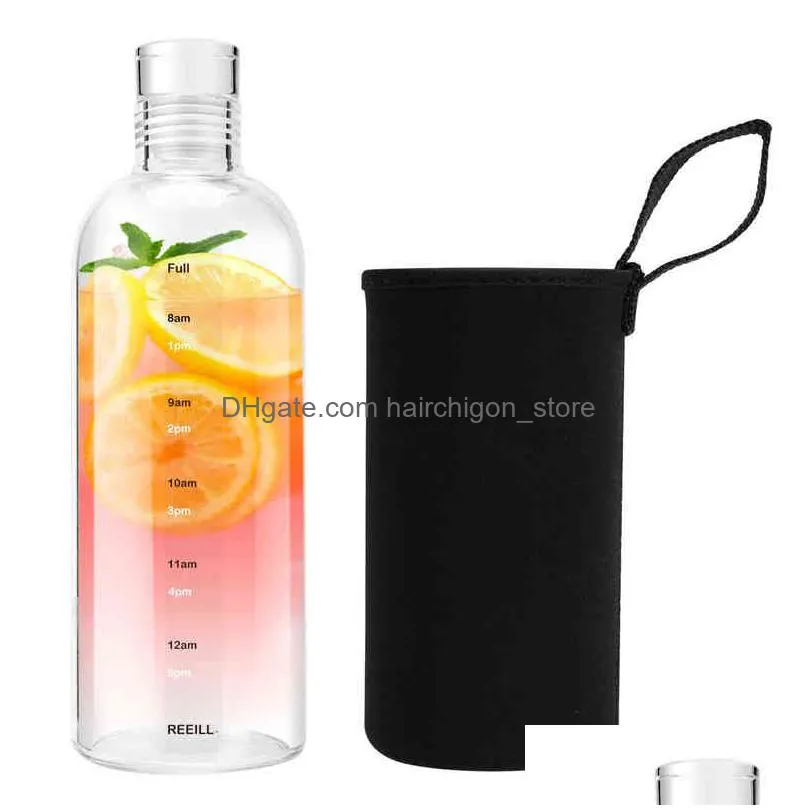 500/750ml large capacity glass bottle with time marker cover for water drinks transparent milk juice simple cup birthday gift y220428