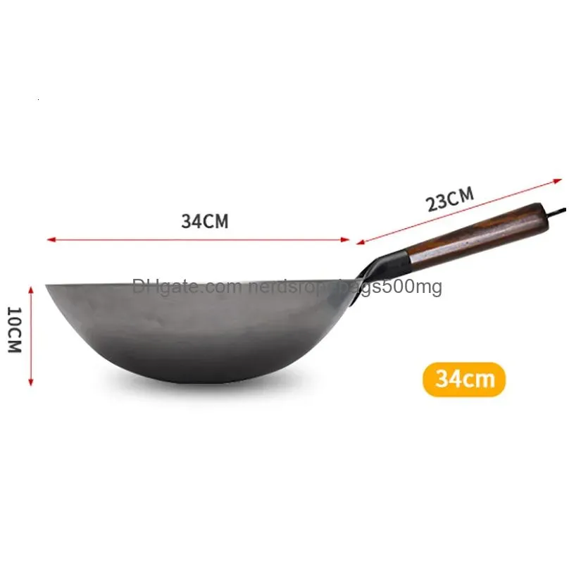 Pans Traditional Iron Wok Non Coating Woks Hand Forged For Kitchen Panwooden Handle Gas Pot Cookware 230224 Drop Delivery Dh9Yj