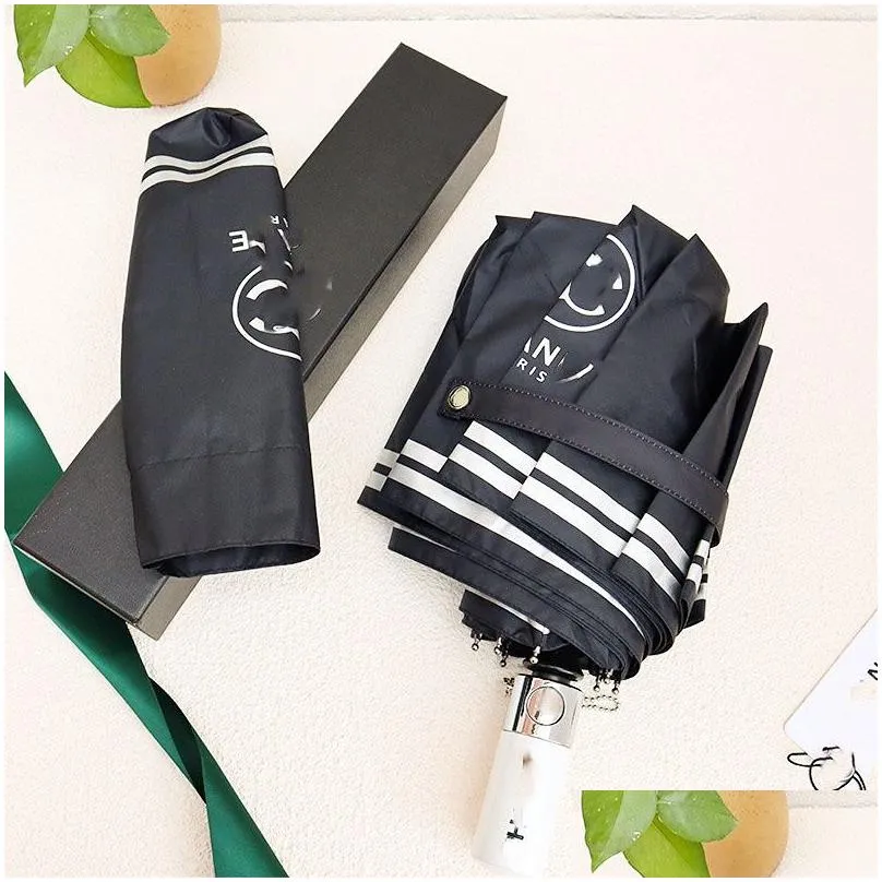 Women`s Designer Full Automatic Umbrellas Retro Folding Rain and Shine Umbrella Logo Black and White