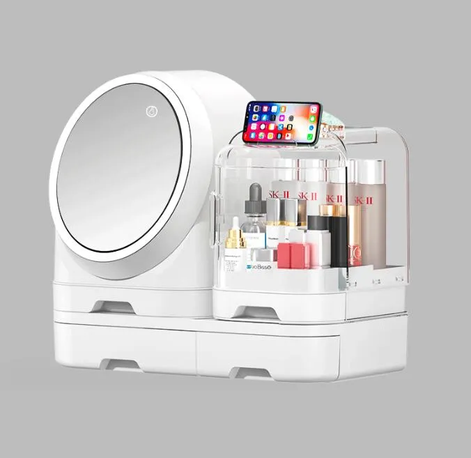 led fan makeup storage box dustproof with mirror desktop dressing table large capacity lipstick skincare product shelf