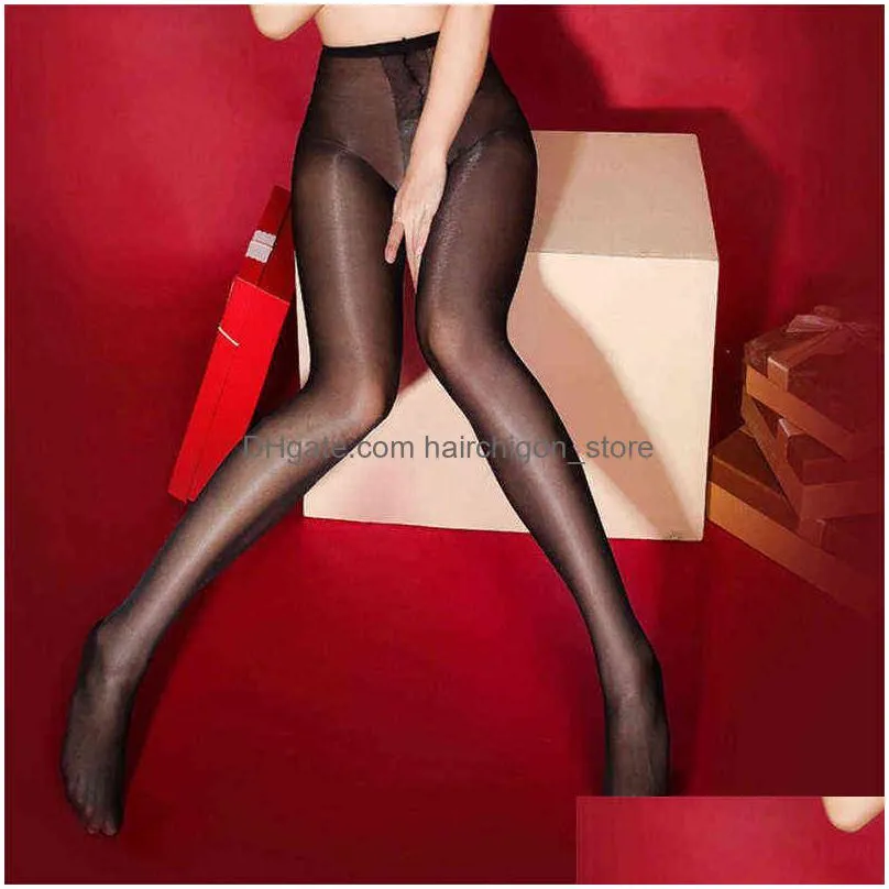 30d women colored tights with high waist sexy thin oil shiny crotchless pantyhose open crotch nylon stockings plus size pink w220312