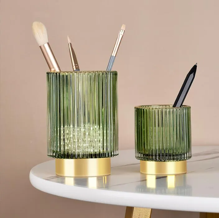 phnom penh thickened striped glass storage bucket pen holder dark green cup makeup brush bucket desktop vase hydroponic flower planter