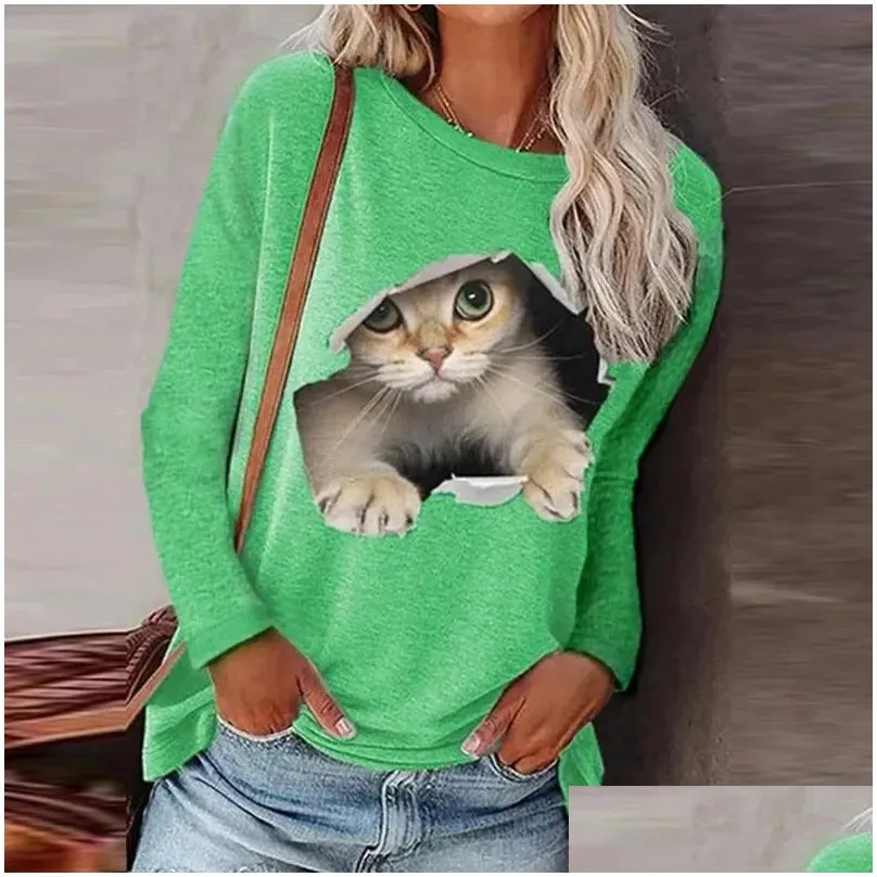 t-shirt haruku 3d cat printing women tshirts autumn fashion oneck long sleeve pullover tops lady casual tee female loose streetwear