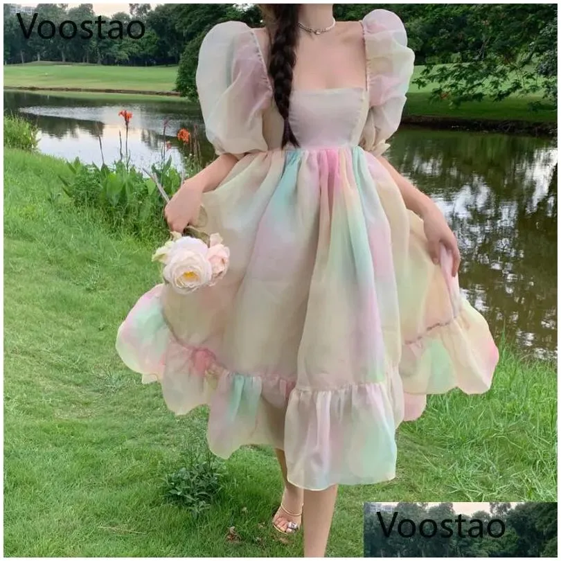 Basic & Casual Dresses Casual Dresses Summer Sweet Rainbow Princess Dress Women Korean Elegant Square Collar Puff Sleeve Midi Female Dhe9U