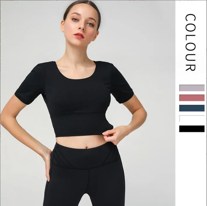 new style with chest pad beautiful back short sleeved t-shirt womens yoga suit nude elastic slim fit sports top womens fitness suit