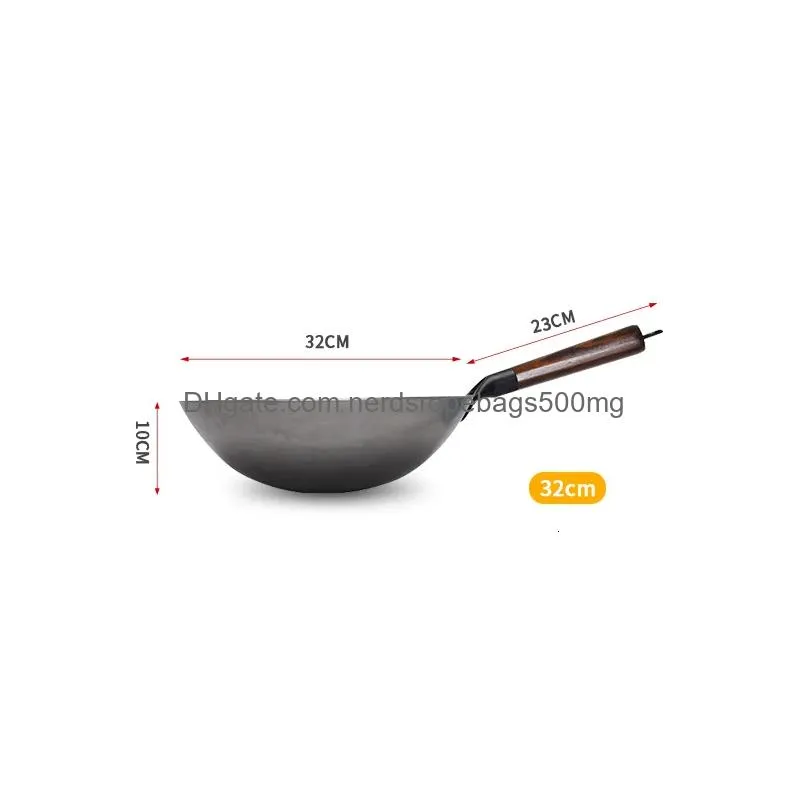 Pans Traditional Iron Wok Non Coating Woks Hand Forged For Kitchen Panwooden Handle Gas Pot Cookware 230224 Drop Delivery Dh9Yj