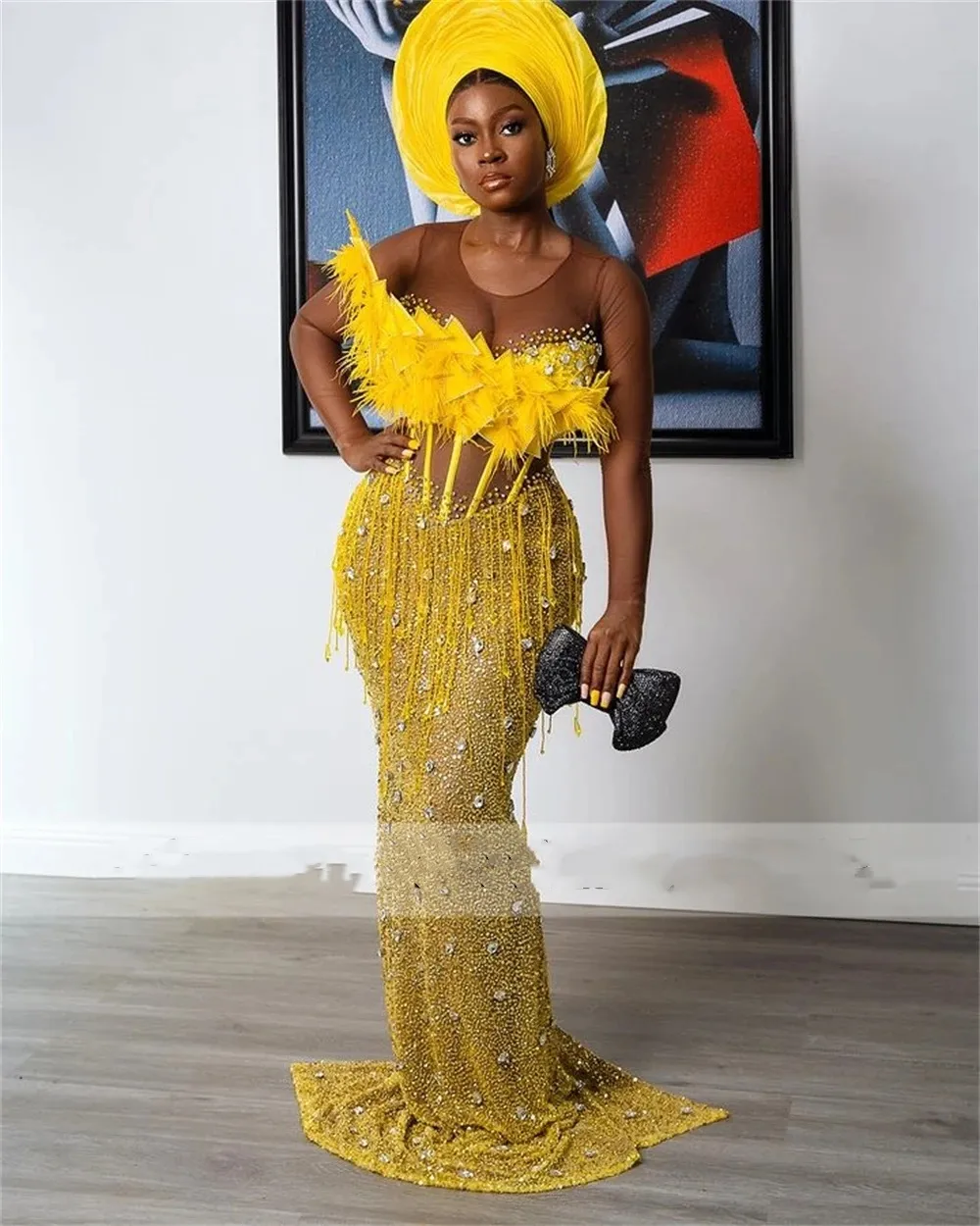 Yellow Feathers Tassels Beaded Aso Ebi Mermaid Prom Party Dresses For African Women Corset Luxury Formal Occasion Dress African