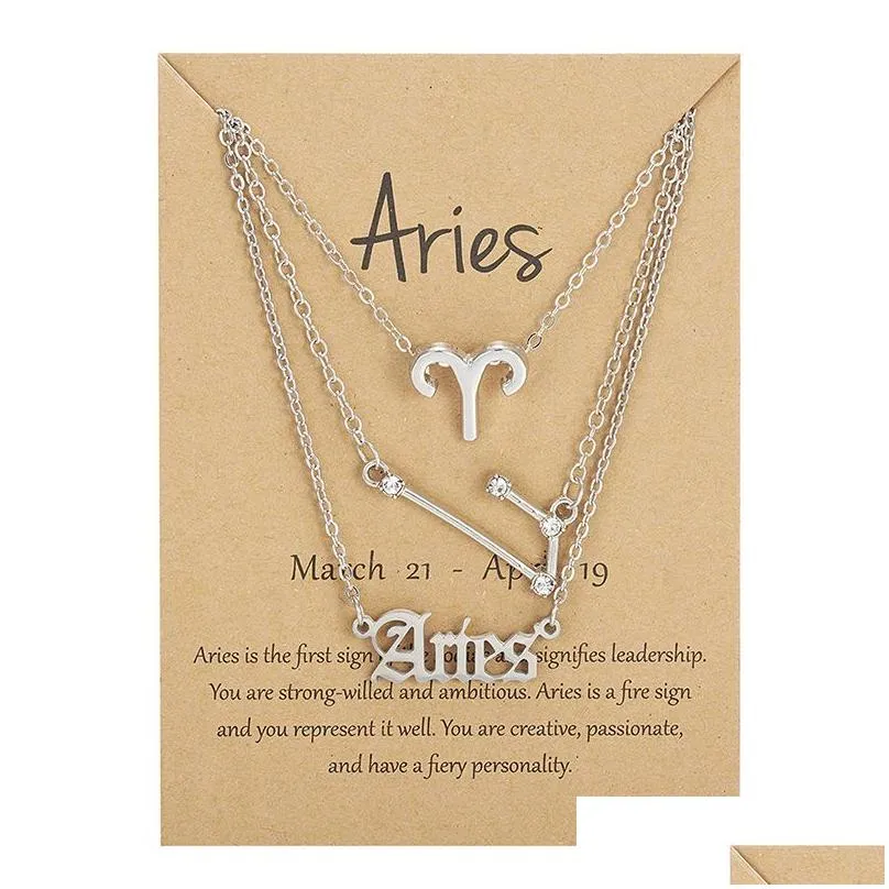 Pendant Necklaces 3Pcs/Set 12 Zodiac Sign Necklace For Women Constellation Pendant Chain Choker Birthday Jewelry With Cardboard Card D Dhifz