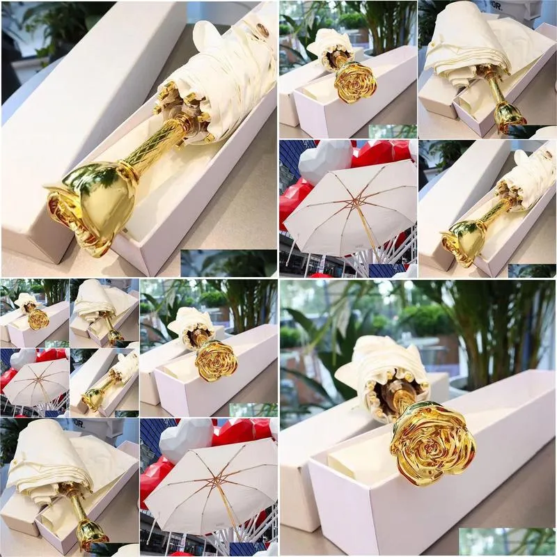 Fashion Designer Umbrellas Luxury Gold Rose Handle White Umbrella with Box