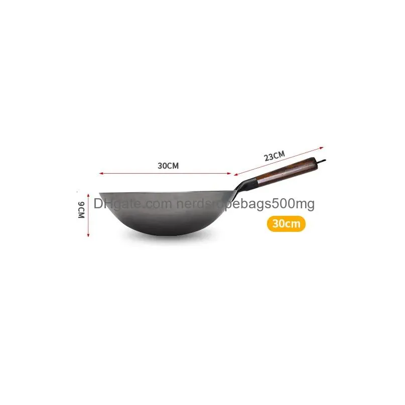 Pans Traditional Iron Wok Non Coating Woks Hand Forged For Kitchen Panwooden Handle Gas Pot Cookware 230224 Drop Delivery Dh9Yj