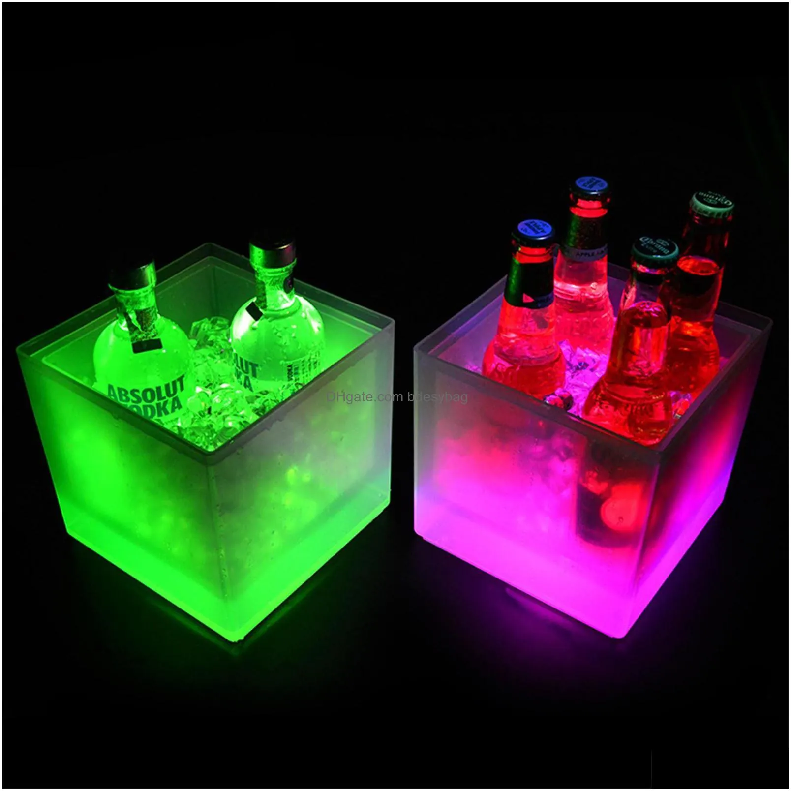 Ice Buckets And Coolers 3.5L Waterproof Led Double Layer Square Ice Buckets Bars Nightclubs Light Up Champagne Beer Whiskey Bucket Ss1 Otsu1