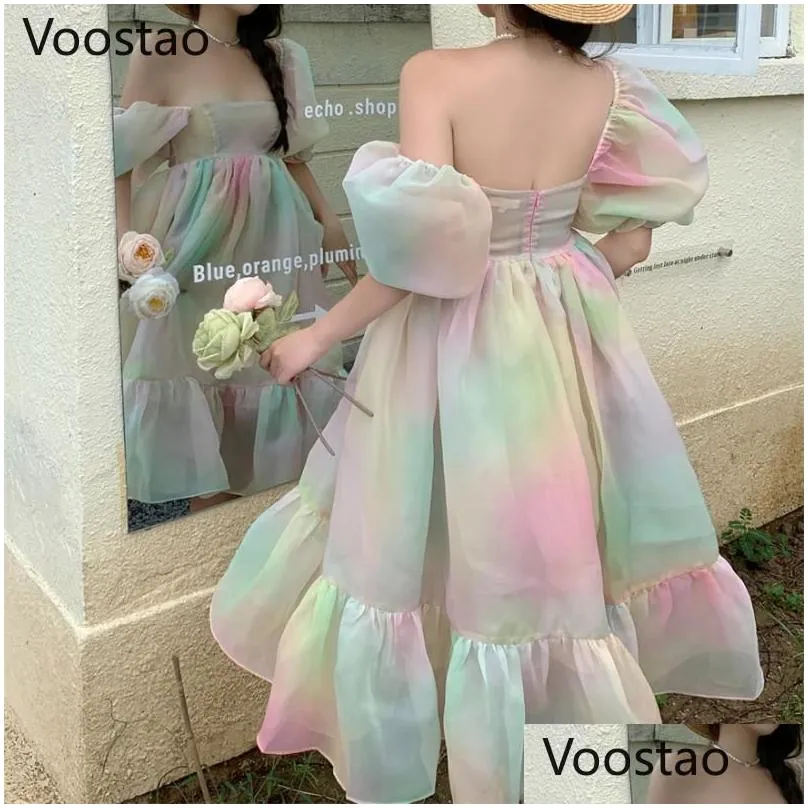 Basic & Casual Dresses Casual Dresses Summer Sweet Rainbow Princess Dress Women Korean Elegant Square Collar Puff Sleeve Midi Female Dhe9U