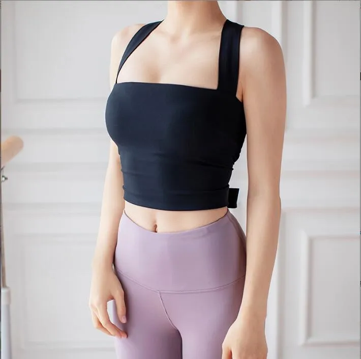 new high elasticity strapping fitness suit sports yoga suit beautiful back bra with chest pad long tank top for women