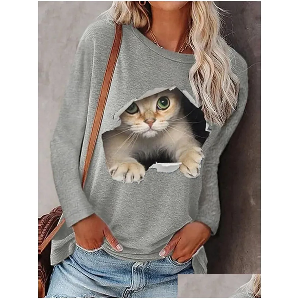 t-shirt haruku 3d cat printing women tshirts autumn fashion oneck long sleeve pullover tops lady casual tee female loose streetwear