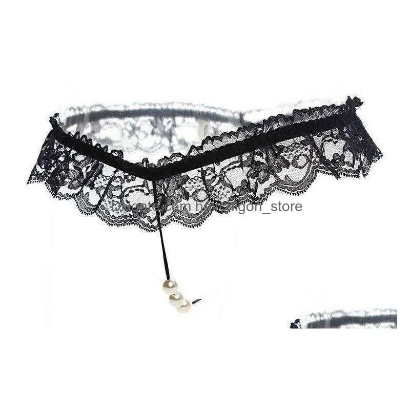 erotic sexy crotchless pearl lace panties underwear erotic pant women briefs transparent panty open crotch pearls thongs w220324