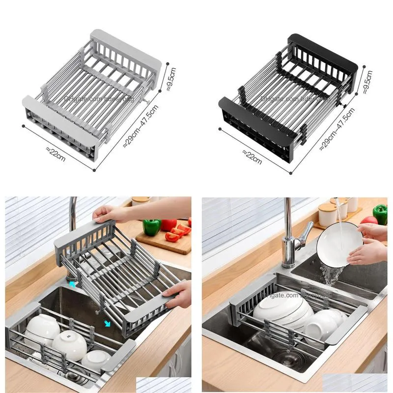 Storage Holders & Racks Adjustable Dish Drainer Stainless Steel Sink Drain Rack Fruit Vegetable Kitchen Tableware Basket Storage Drop Otznl