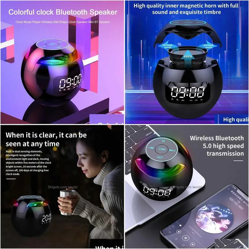 portable speakers colorful bluetooth 5.0 speaker led digital clock music player wireless ball shape sound mini portable