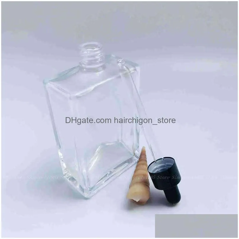 10pc 100ml flat square glass dropper bottle transparent glass bottle with bamboo cap golden cap rose gold cap black cap y220428