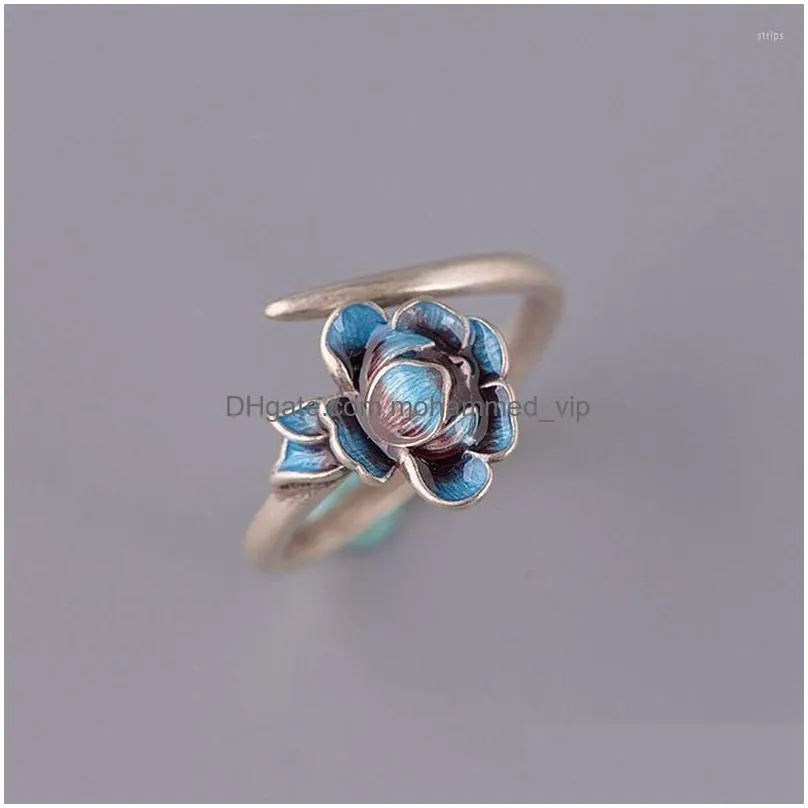 cluster rings chinese landscape thai blue ring female lotus peony opening adjustable jewelry accessories