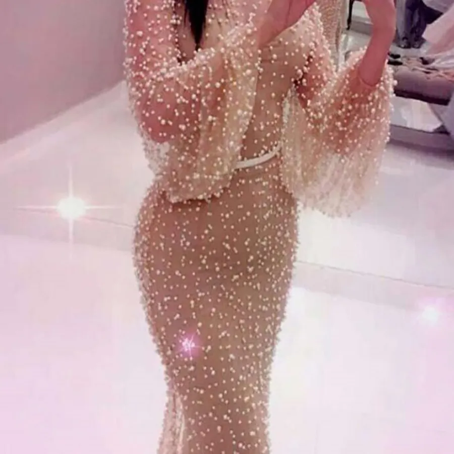 Charming Evening Dresses for Woman Puff Long Sleeve Champagne Pearls O Neck Floor Length Mermaid Dresses Prom Party Gown