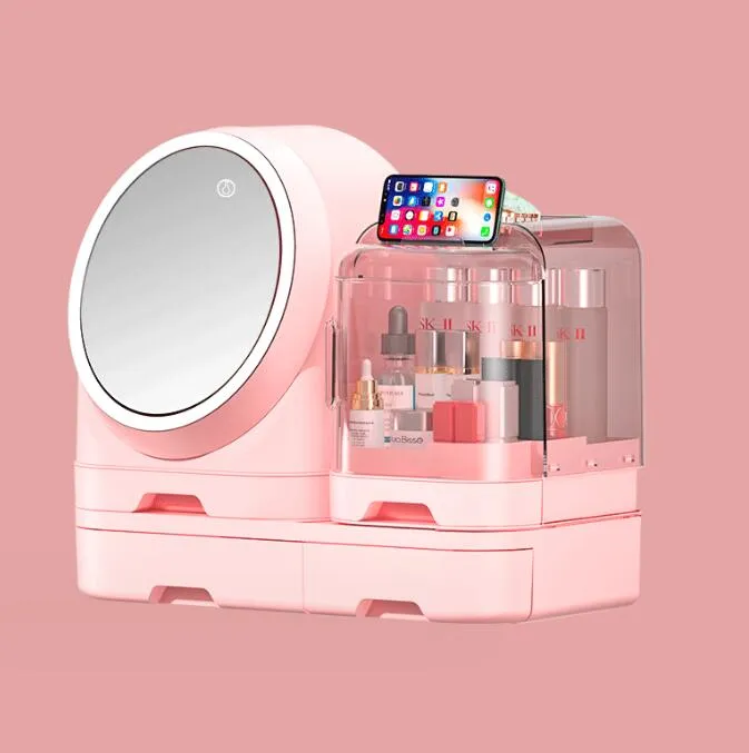 led fan makeup storage box dustproof with mirror desktop dressing table large capacity lipstick skincare product shelf