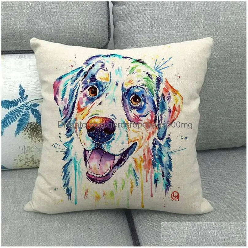 Cushion/Decorative Pillow Pillow 45Cm Watercolor Pet Dogs Pattern Throw Er Linen/Cotton Sofa Decorative Case Drop Delivery Home Garden Dhu3F