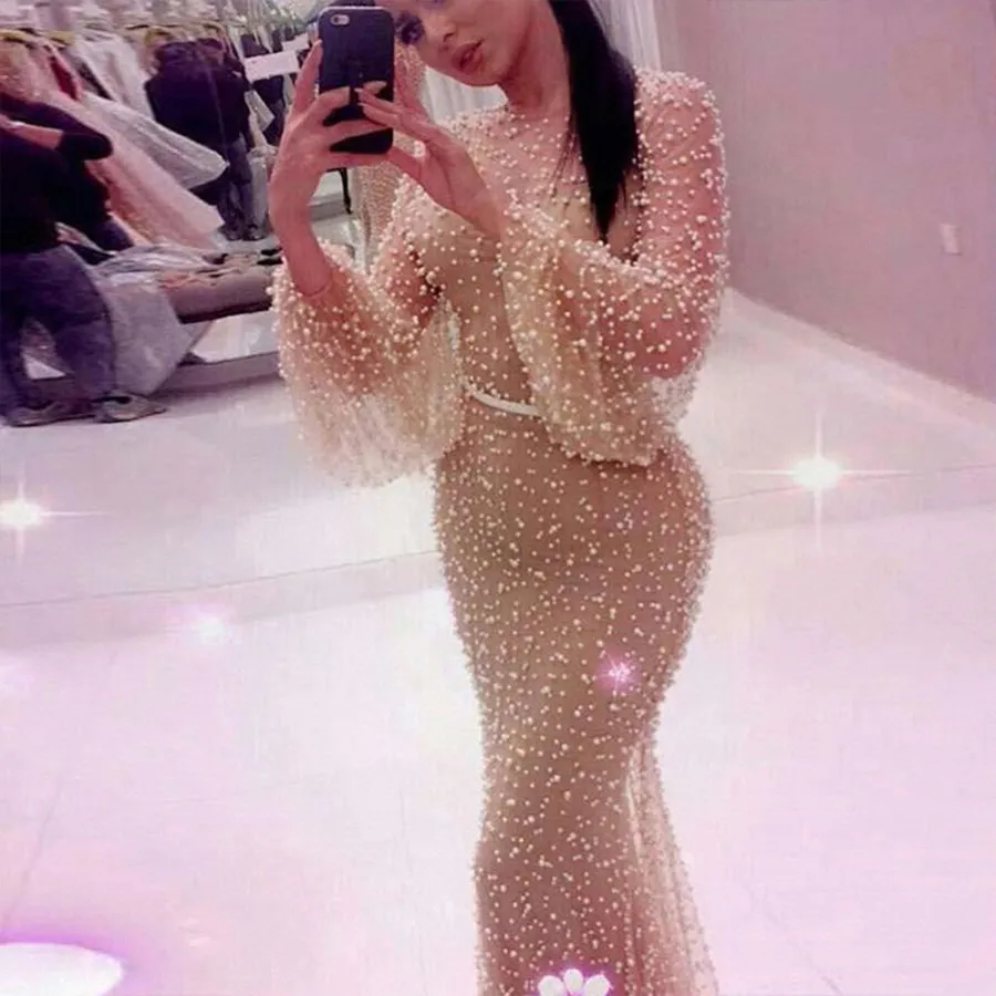 Charming Evening Dresses for Woman Puff Long Sleeve Champagne Pearls O Neck Floor Length Mermaid Dresses Prom Party Gown