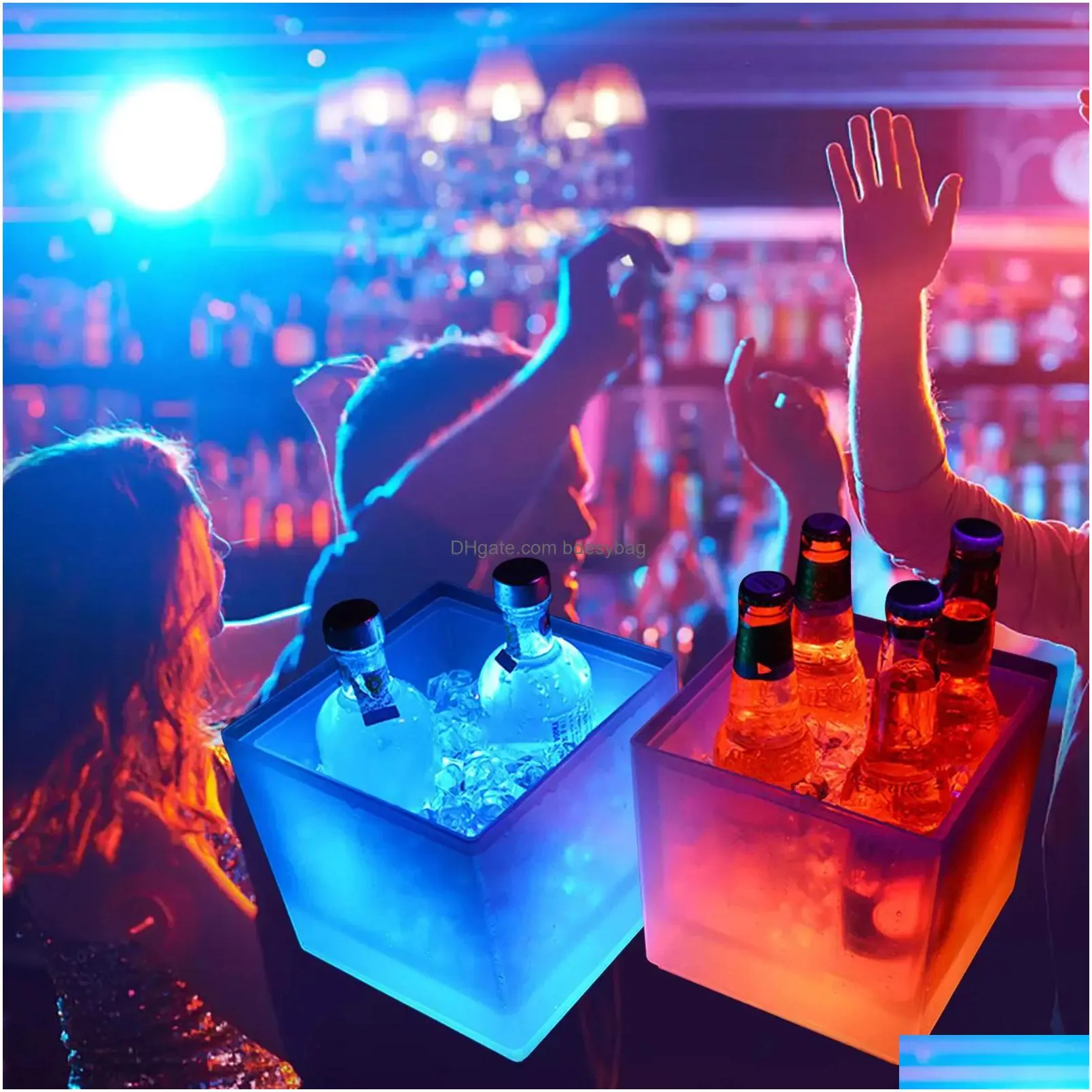 Ice Buckets And Coolers Led 3.5L Waterproof Double Layer Square Ice Buckets Bars Nightclubs Light Up Champagne Beer Whiskey Bucket Ss0 Otkd6